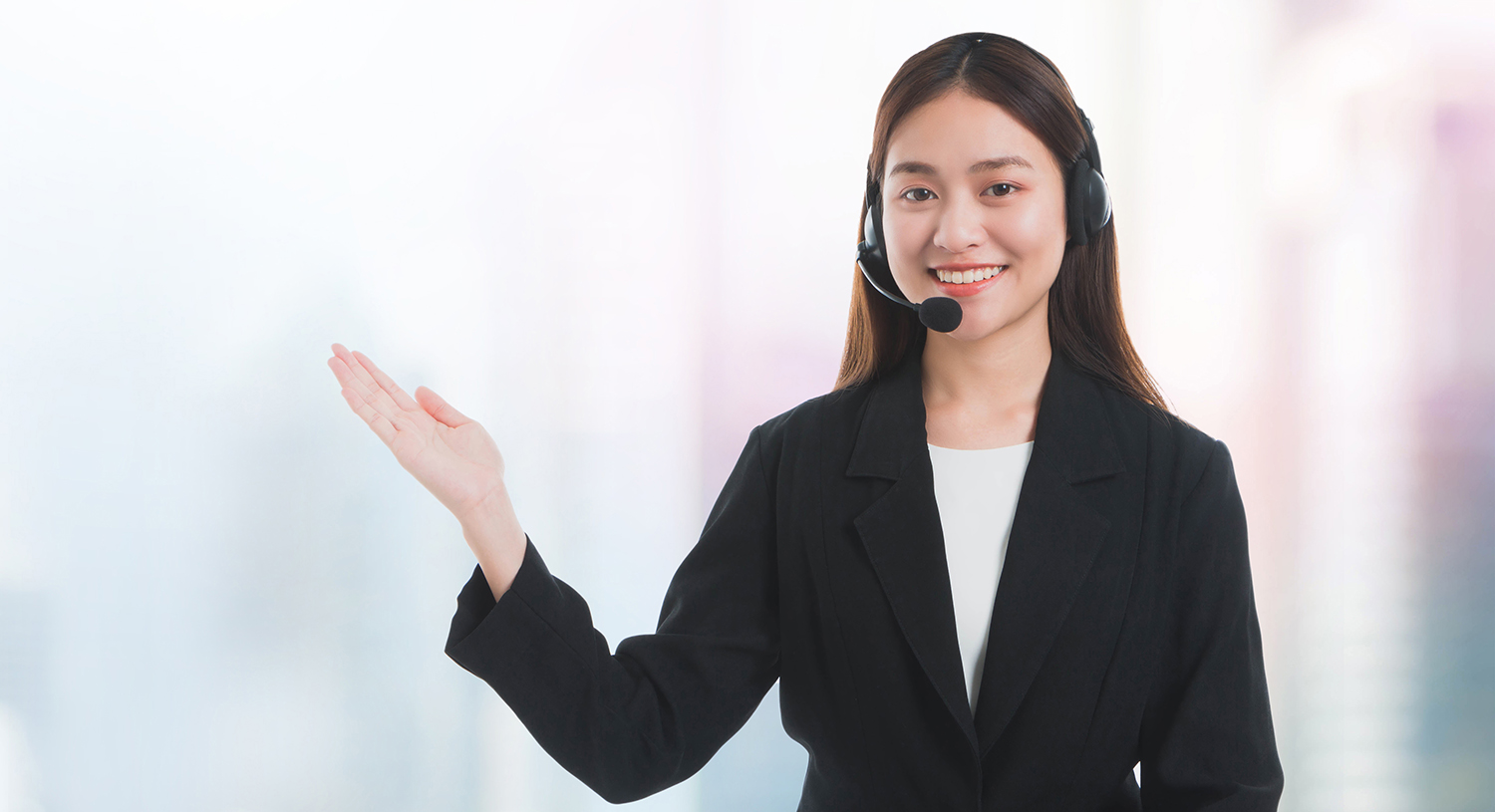 Portrait of Asian beautiful smiling woman customer support phone
